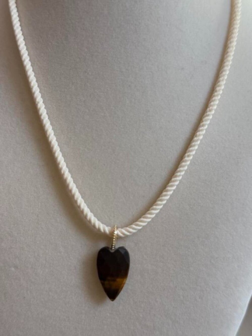 Adina Eden Cream Rope Necklace with Tiger Eye Heart Pendant